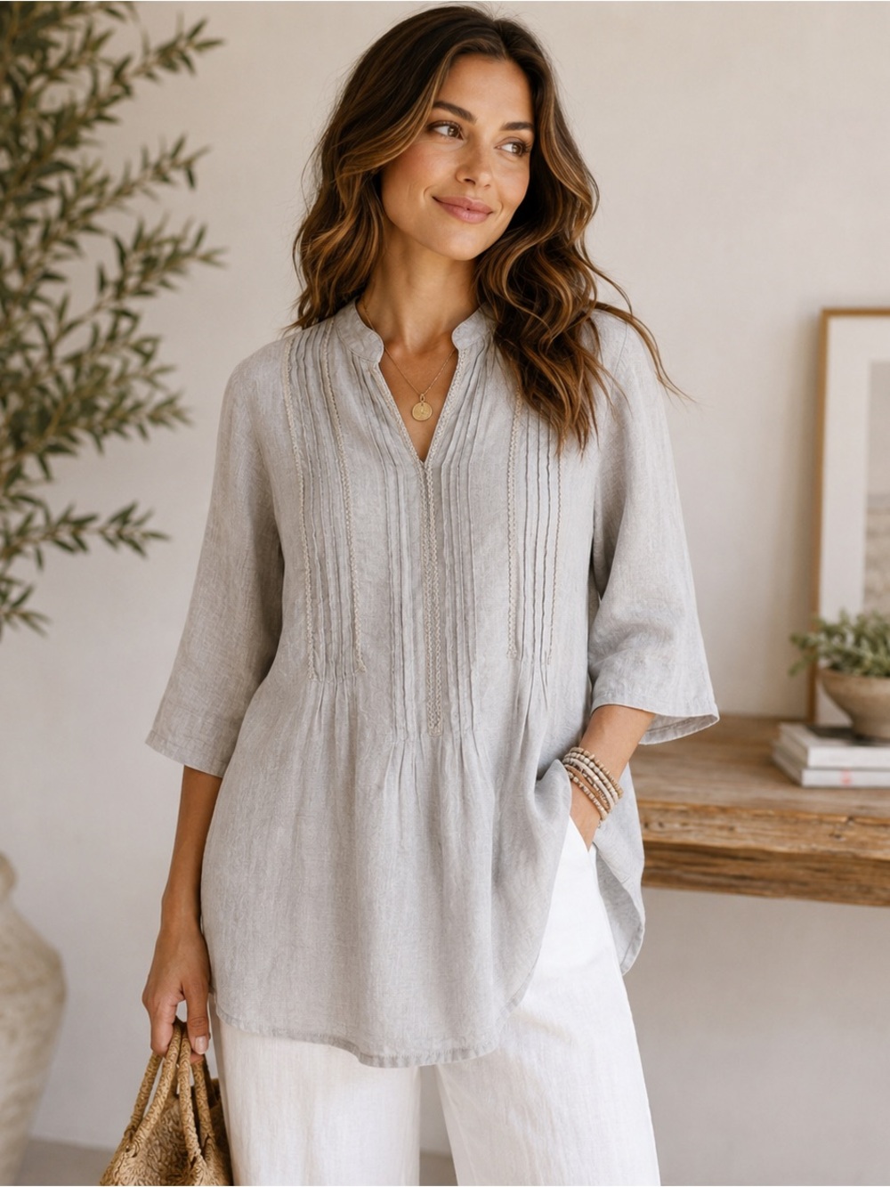 J. Jill Petite M 100% Linen Pintuck Tunic Top Beige Boho 3/4 Sleeve